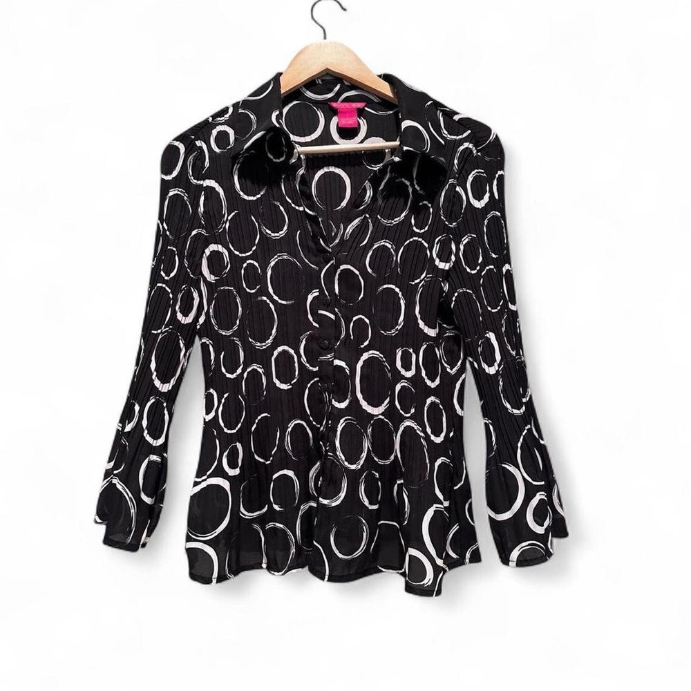 Vintage Sunny Leigh Black White Geometric Stretchy‎ Flare Button Up Blouse Large